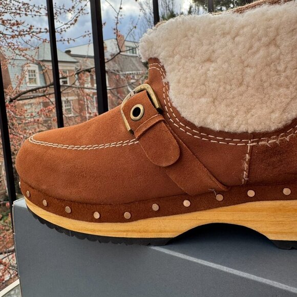New Free People Oak Clog Boots Brown Suede Buckle Cream Sherpa Platform Shoes - Picture 6 of 14